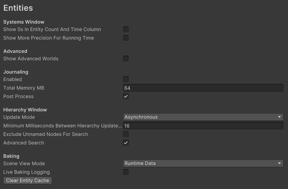 Unity Entities Baking 설정에서 Runtime Data를 선택하는 화면