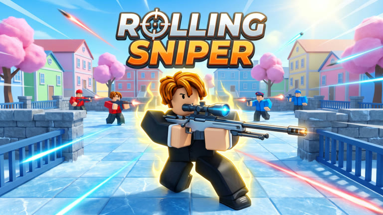 Rolling Sniper: a Roblox sniper kneeling with a glowing rifle in a pastel village plaza